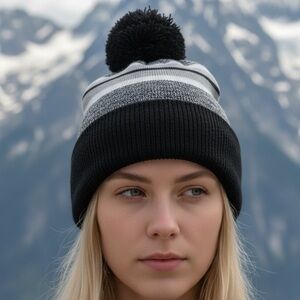 ChoKoLids Striped Pom Pom Stocking Cap Hat Black Gray and White NEW